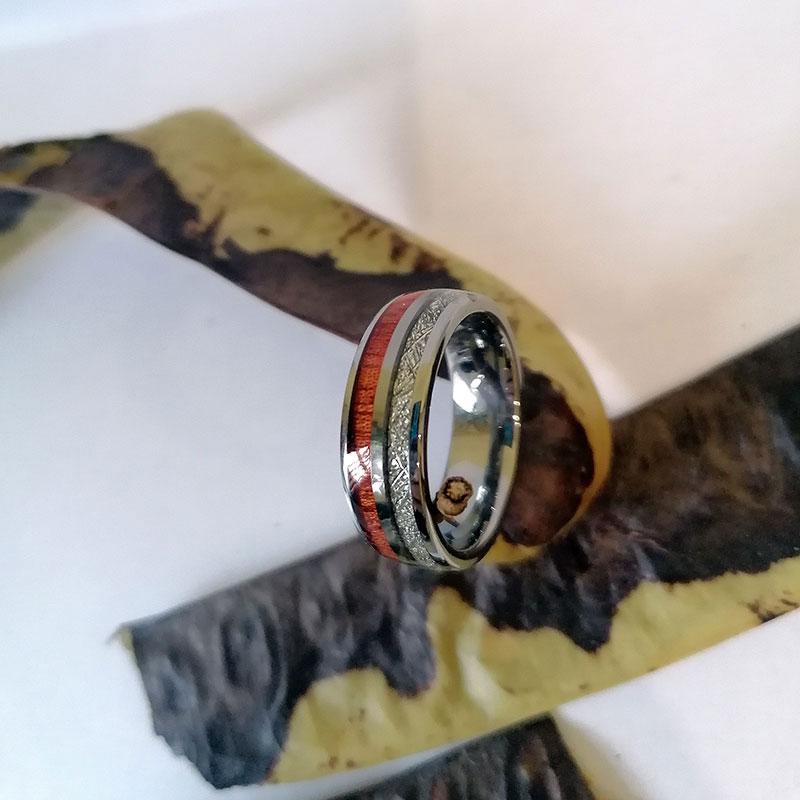 8mm Silver Plated Meteorite and Real Wood Inlay Tungsten Ring-Rings-Innovato Design-6-Innovato Design