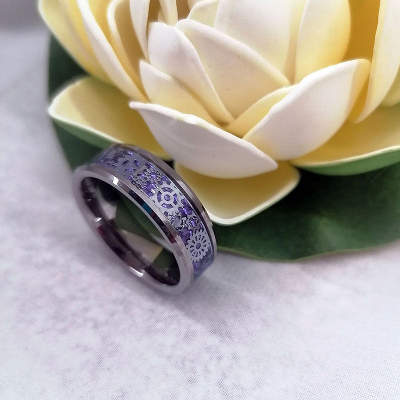 Silver Tungsten Carbide in Lavender Inlay with Gear Design Wedding Band-Rings-Innovato Design-7-Innovato Design