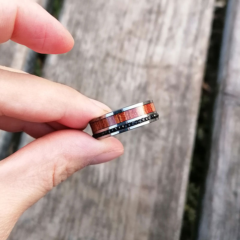 8mm Black Cubic Zirconia with Koa Wood Inlay and Silver-Plated Tungsten Carbide Wedding Ring-Rings-Innovato Design-7-Innovato Design