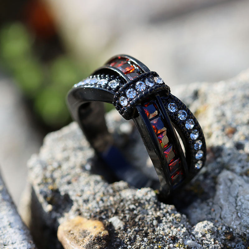 Red Black Carbon Fiber Inlay and Red White Cubic Zirconia Bow Stainless Steel Engagement Rings-Couple Rings-Innovato Design-6-5-Innovato Design