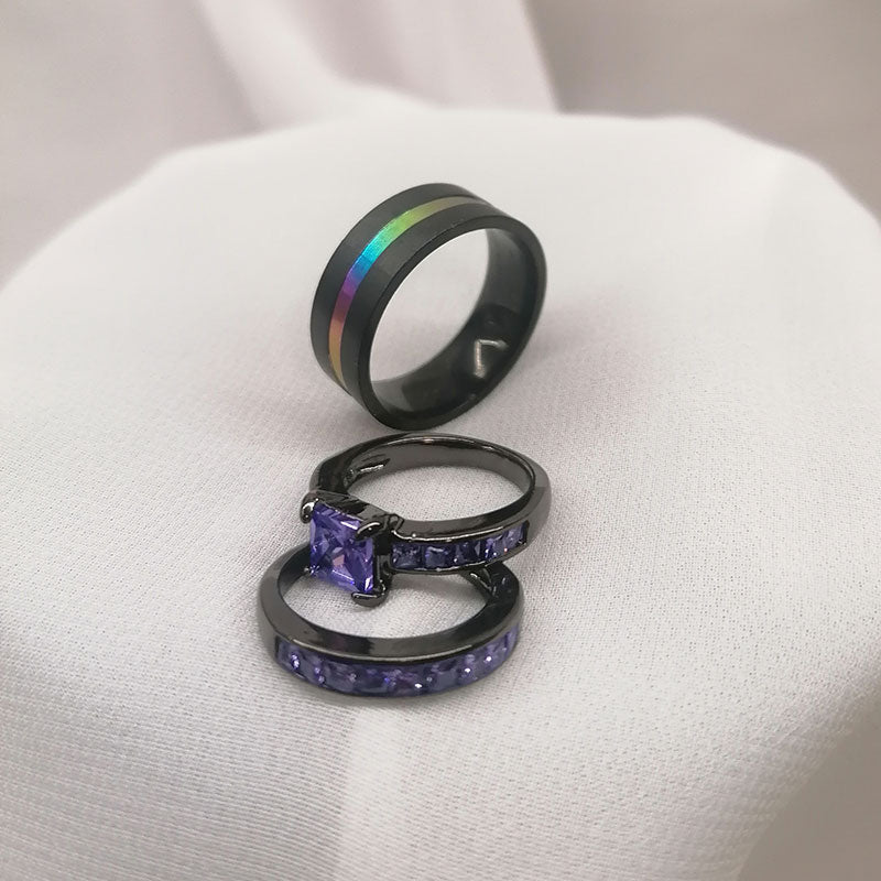 Purple Inlay and Purple Cubic Zirconia Stainless Steel Wedding Bands Set-Couple Rings-Innovato Design-6-5-Innovato Design