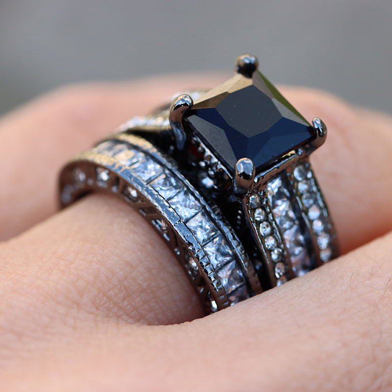 Silver Celtic Dragon Inlay and Black Rhinestone Stainless Steel Wedding Bands Set-Couple Rings-Innovato Design-6-5-Innovato Design