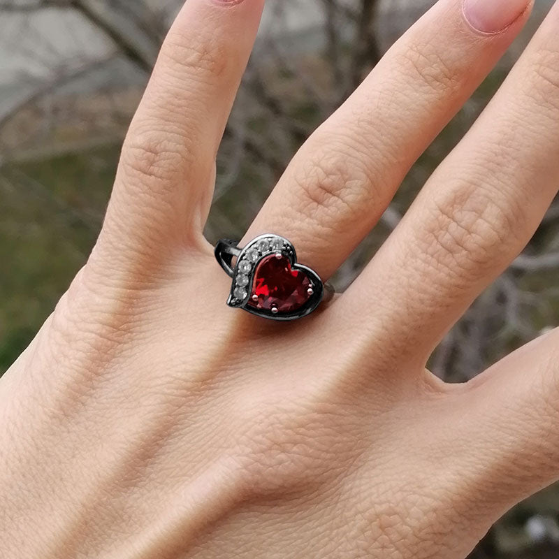 7mm Heart-Shaped Red Lab Ruby Stone with Cubic Zirconia Black-Rhodium-Plated Promise Ring-Rings-Innovato Design-6-Innovato Design