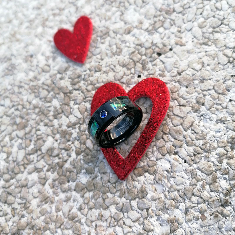 8mm Black Tungsten Carbide in Abalone Shell Inlay with Cubic Zirconia Wedding Band-Rings-Innovato Design-7-Innovato Design