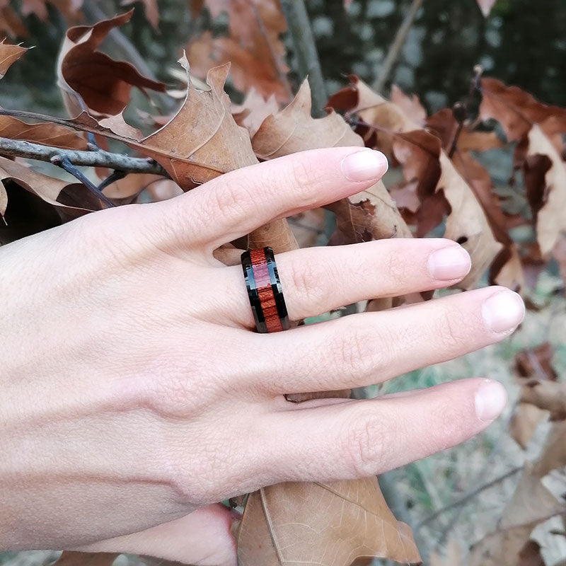 Natural Koa Wood Inlay Black Ceramic Ring-Rings-Innovato Design-5-Innovato Design