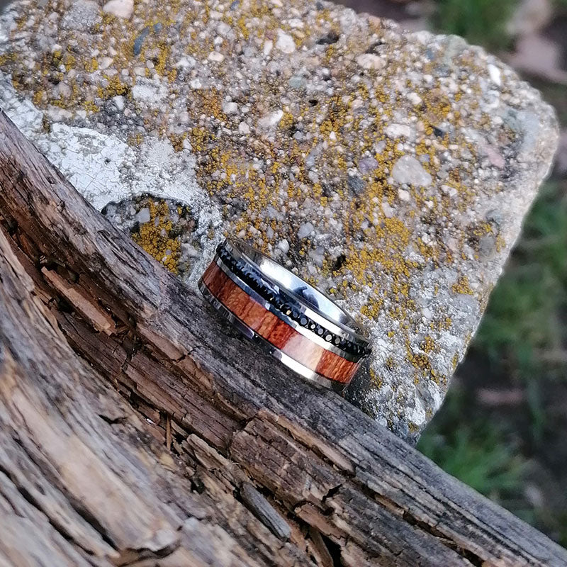 8mm Black Cubic Zirconia with Koa Wood Inlay and Silver-Plated Tungsten Carbide Wedding Ring-Rings-Innovato Design-7-Innovato Design