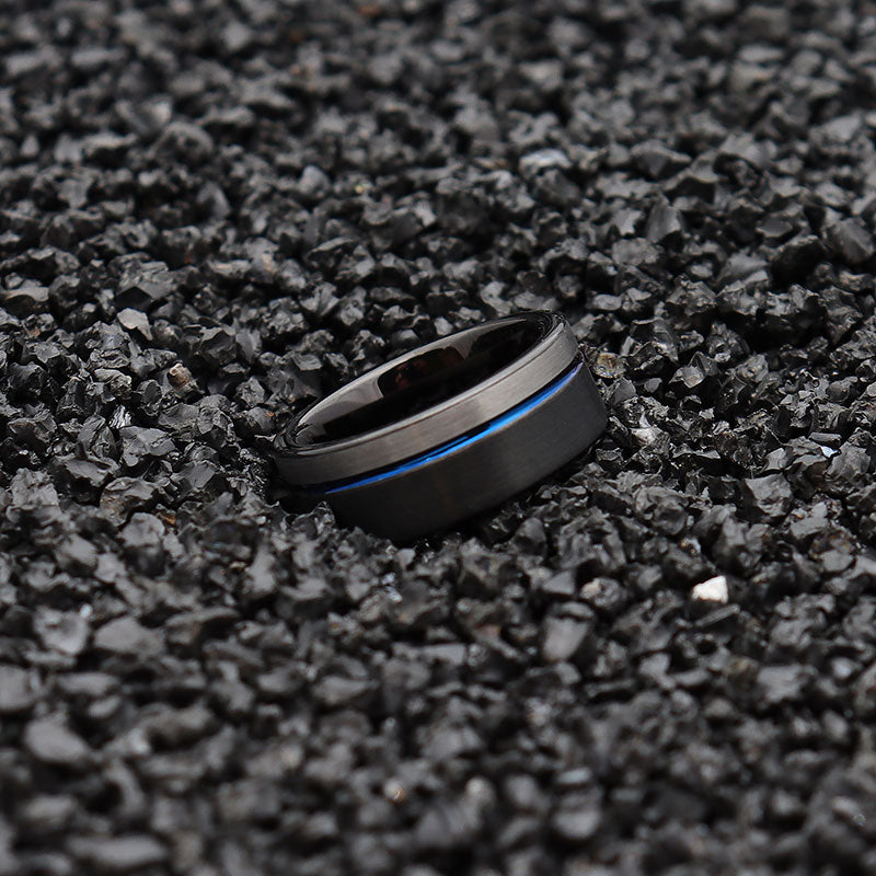 8mm Black, Silver and Blue Brushed Matte and Polished Tungsten Wedding Ring-Rings-Innovato Design-5-Innovato Design