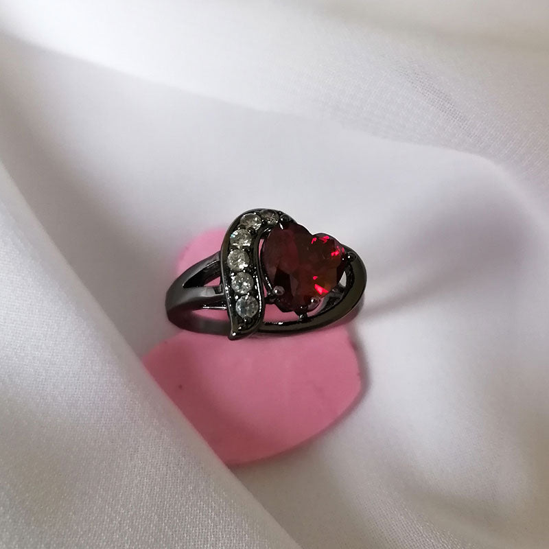 7mm Heart-Shaped Red Lab Ruby Stone with Cubic Zirconia Black-Rhodium-Plated Promise Ring-Rings-Innovato Design-6-Innovato Design