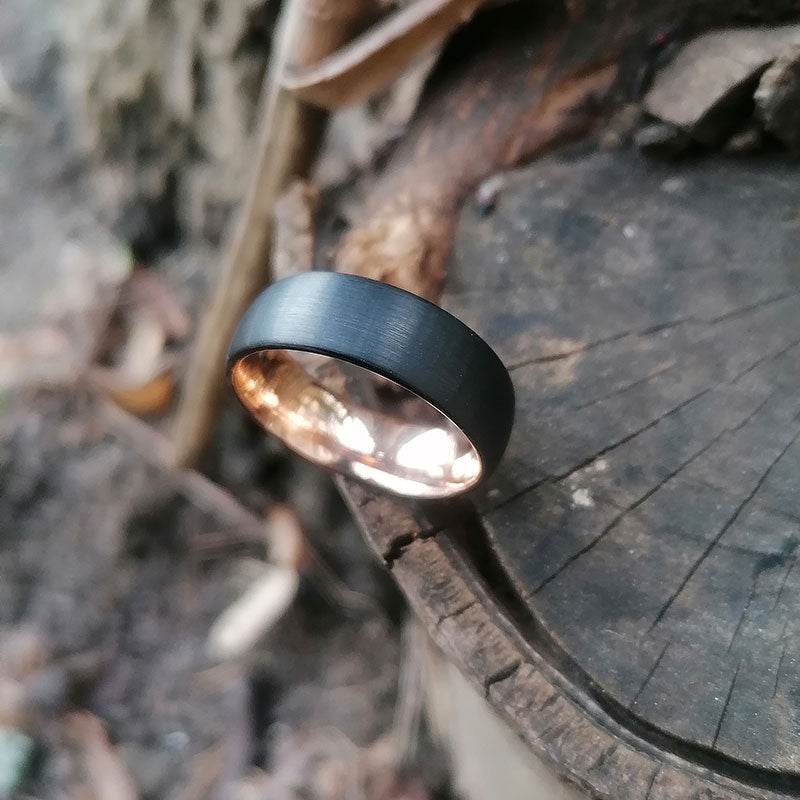 8mm Two Tone Brushed Black & Rose Gold Tungsten Ring-Rings-Innovato Design-5-Innovato Design