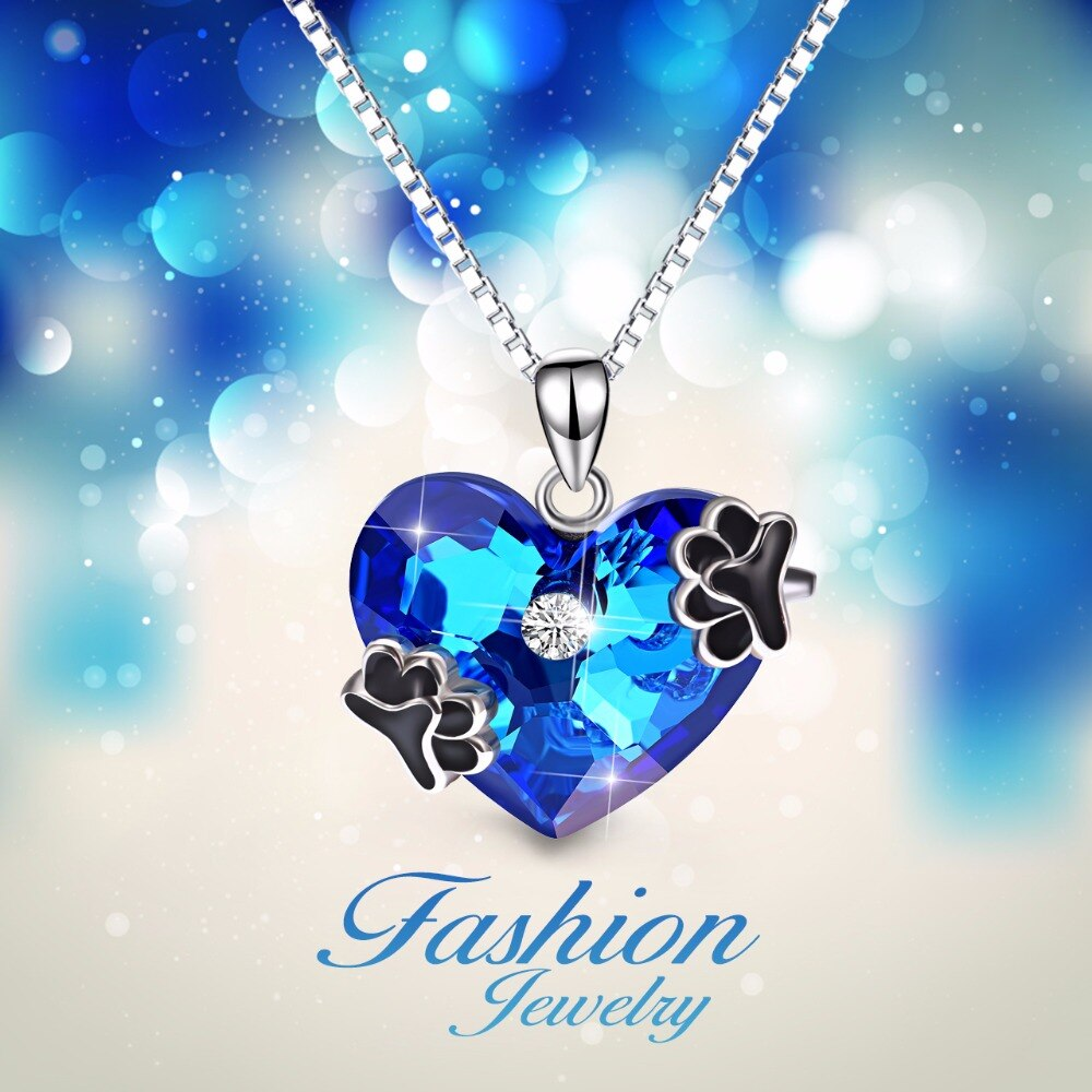 925 Sterling Silver Blue Heart of Ocean Crystal Pendant with Paw Prints-Necklaces-Innovato Design-Innovato Design