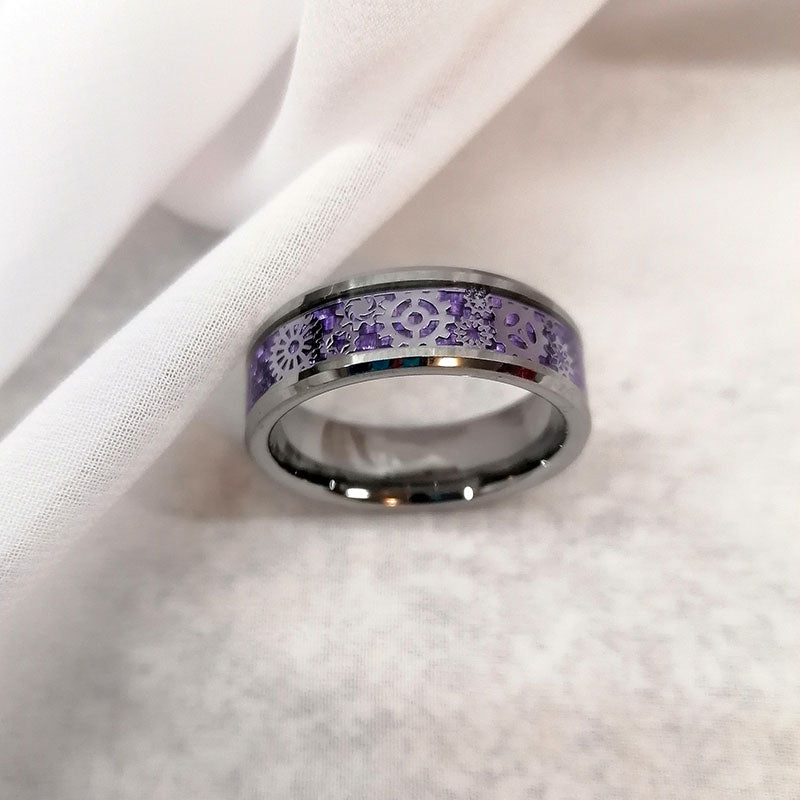 Silver Tungsten Carbide in Lavender Inlay with Gear Design Wedding Band-Rings-Innovato Design-7-Innovato Design
