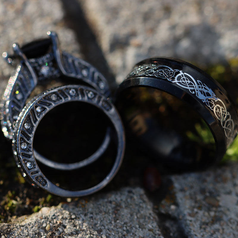 Silver Celtic Dragon Inlay and Black Rhinestone Stainless Steel Wedding Bands Set-Couple Rings-Innovato Design-6-5-Innovato Design