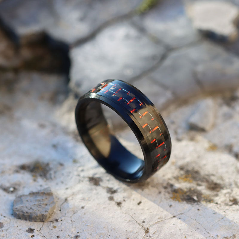 Red Black Carbon Fiber Inlay and Red White Cubic Zirconia Bow Stainless Steel Engagement Rings-Couple Rings-Innovato Design-6-5-Innovato Design