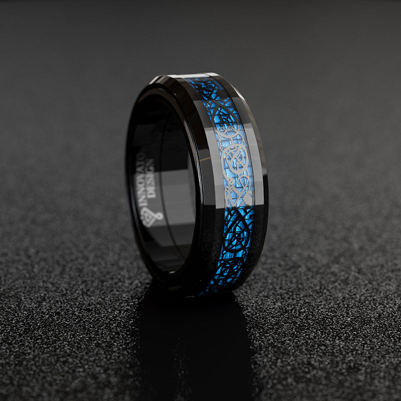 Dragon Blue Inlay Tungsten Spinner Wedding Band Ring-Rings-Innovato Design-Silver-6-Innovato Design