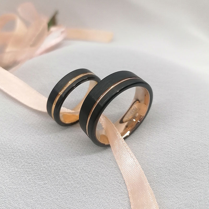 Rose Gold Inlay Black Tungsten Wedding Ring Set-Couple Rings-Innovato Design-8-6-Innovato Design