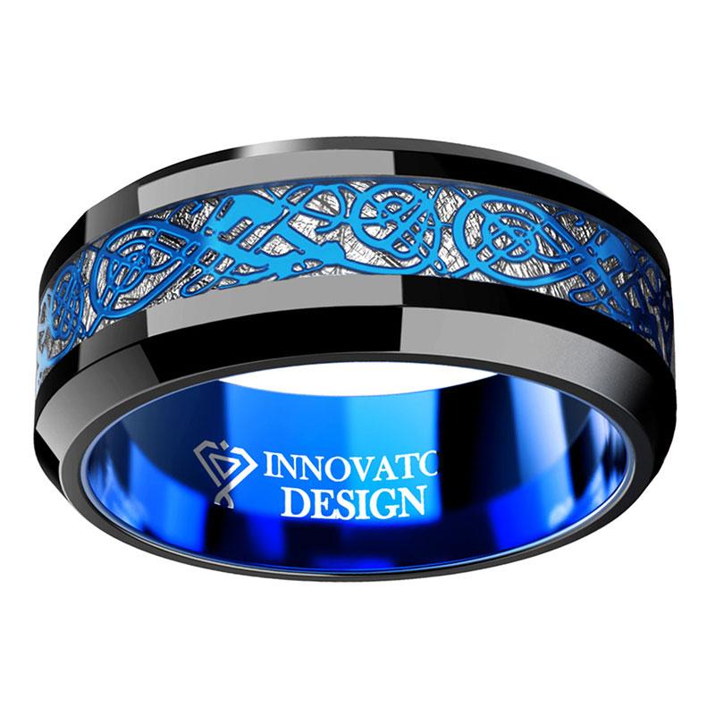 DRAGON Blue Celtic Dragon Tungsten Carbide Ring 8mm Men Black Wedding Band Polished Comfort Fit-Rings-Innovato Design-6-Innovato Design