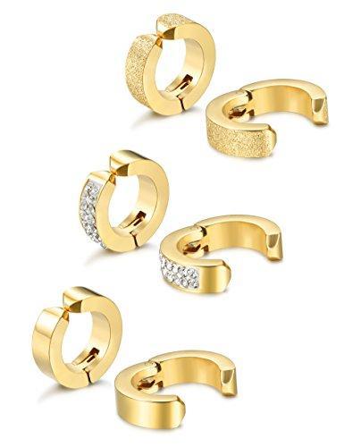 3 Pairs Stainless Steel Men Women Hoop Earrings Clip On CZ Non-Piercing-Earrings-Jstyle Jewelry-A: 3 Pairs Silver-tone-Innovato Design