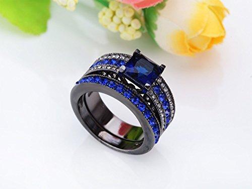 Black Stainless Steel 2Pcs Princess Cut Simulated Sapphire Wedding Ring Set Blue Cubic Zirconia-Rings-Innovato Design-5-Innovato Design