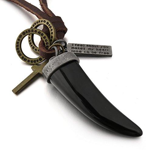 Men's Alloy Genuine Leather Pendant Necklace Black Wolf Tooth Cross Adjustable 16~26 Inch Chain-Necklaces-INBLUE-Innovato Design