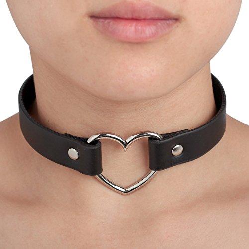 Silver-Toned Heart Black Genuine Leather Adjustable Necklace, Choker, or Collar-Necklaces-Innovato Design-Innovato Design