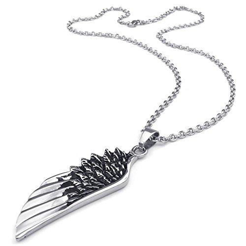 Men Angel Wing Stainless Steel Pendant Necklace, Black Silver, 24 inch Chain-Necklaces-Innovato Design-Innovato Design