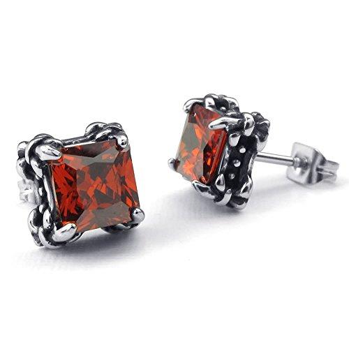 Men Cubic Zirconia Stainless Steel Square Gothic Dragon Claw Stud Earrings, Red Silver-Earrings-Innovato Design-Innovato Design