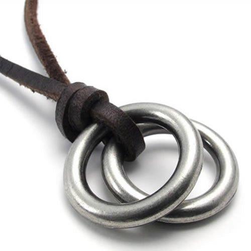 Vintage Style Alloy Double Ring Pendant Adjustable Leather Cord