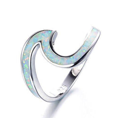 925 Sterling Silver Ring Wave Ocean Beach Lab Created white Opal. Silver Ring sizes 5-10