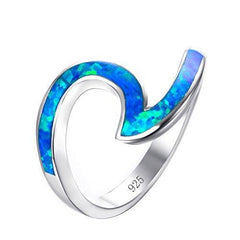 925 Sterling Silver Wave Ring Ocean Beach Lab Created Blue Opal.For women to show unlimited beauty sizes 5-10