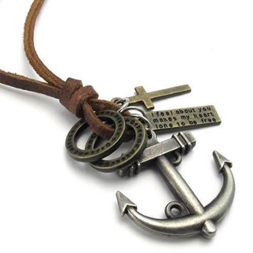 Vintage Style Anchor Cross Pendant Adjustable Brown Leather Cord Men Necklace Chain-Necklaces-KONOV-Innovato Design