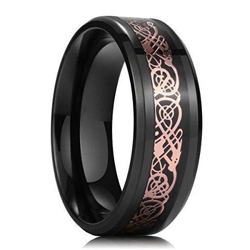 DRAGON 8mm Rose Gold Celtic Dragon Inlay Black Titanium Wedding Ring Band Comfort Fit-Rings-Innovato Design-7-Innovato Design