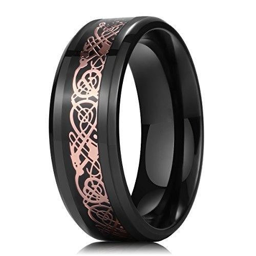 DRAGON 8mm Rose Gold Celtic Dragon Inlay Black Titanium Wedding Ring Band Comfort Fit-Rings-Innovato Design-7-Innovato Design