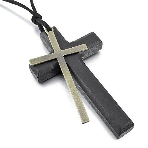 Men's Alloy Leather Wood Pendant Necklace Black Gold Tone Cross Ring Adjustable-Necklaces-INBLUE-Innovato Design