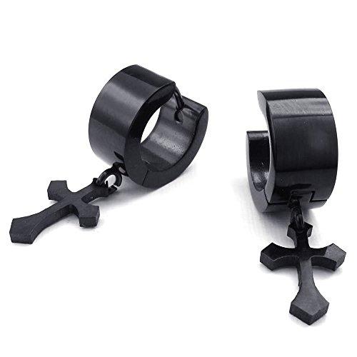 Men Stainless Steel Cross Huggie Hinged Hoop Earrings, Black-Earrings-KONOV-Innovato Design