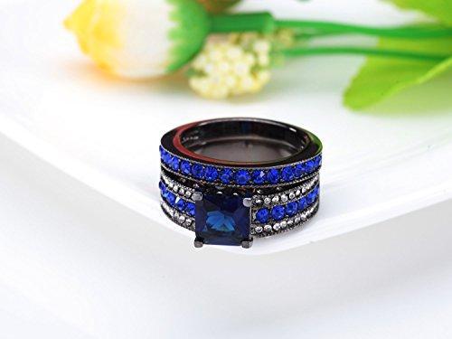 Black Stainless Steel 2Pcs Princess Cut Simulated Sapphire Wedding Ring Set Blue Cubic Zirconia-Rings-Innovato Design-5-Innovato Design