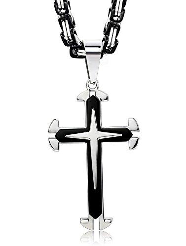Men's Stainless Steel Jesus Cross Pendant Necklace – Byzantine Chain, 2.63" X 1.69", 84g, 316L, Silver/Gold/Black Options