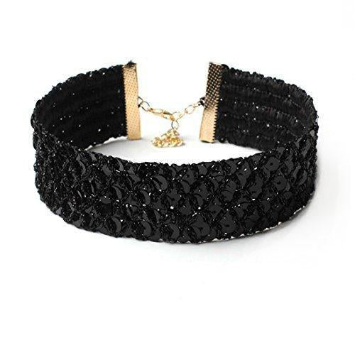 Women's Vintage Gothic Black Sequins Rhinestone Wide Velvet Choker