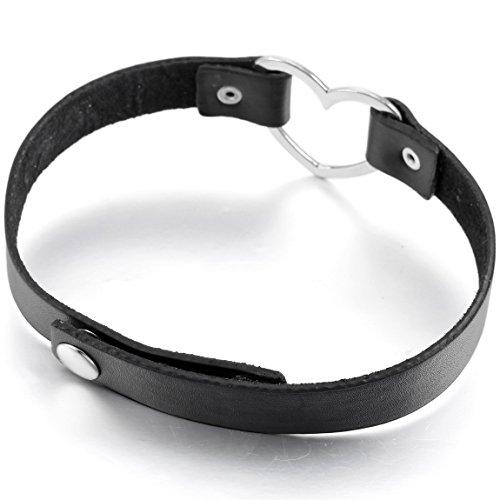 Silver-Toned Heart Black Genuine Leather Adjustable Necklace, Choker, or Collar-Necklaces-Innovato Design-Innovato Design