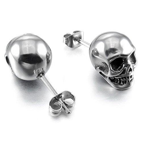 Stainless Steel 3D Skull Stud Earrings – Round – Butterfly Closure – Men’s Punk Style