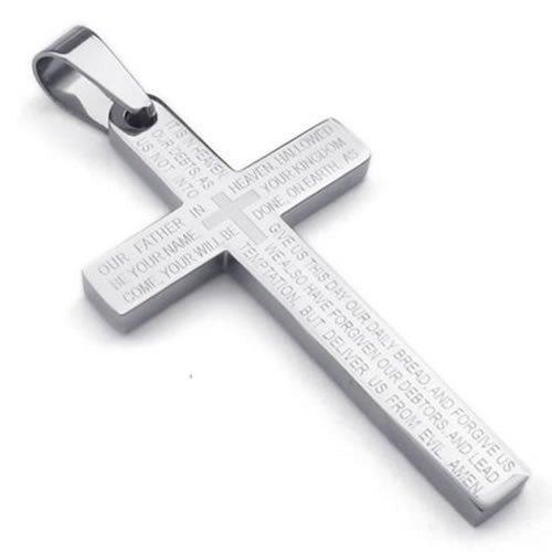 Stainless Steel Men Lords Prayer Cross Pendant Necklace, Silver, 24 inch Chain-Necklaces-KONOV-Innovato Design