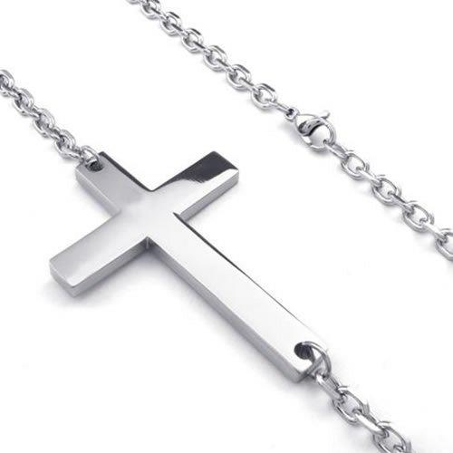 Men Women Stainless Steel Sideways Cross Pendant Necklace Chain Silver-Necklaces-Innovato Design-Innovato Design