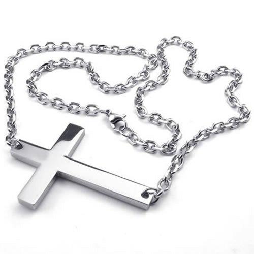 Men Women Stainless Steel Sideways Cross Pendant Necklace Chain Silver-Necklaces-Innovato Design-Innovato Design