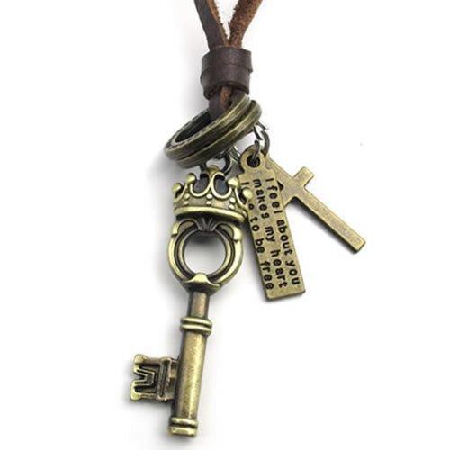Vintage Cross Love Crown Key Pendant Adjustable Brown Leather Cord