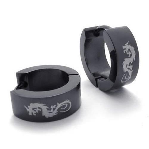 Men Unique Stainless Steel Dragon Huggie Hinged Hoop Earrings Set, 2pcs, Color Black - InnovatoDesign