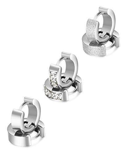 3 Pairs Stainless Steel Men Women Hoop Earrings CZ Huggie Earrings Ear Piercing 18G-Earrings-Jstyle Jewelry-Silver-Innovato Design