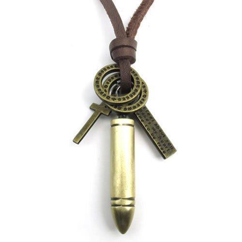 Men Vintage Style Bullet Cross Pendant Adjustable Brown Leather Cord Necklace Chain-Necklaces-KONOV-Innovato Design