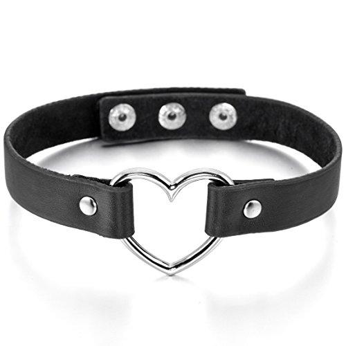 Women,Men's Alloy Genuine Leather Necklace Choker Collar Black Silver Tone Heart Adjustable - InnovatoDesign
