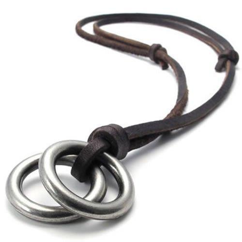 Vintage Style Alloy Double Ring Pendant Adjustable Leather Cord