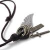 Men Vintage Angel Wing Cross Pendant Brown Leather Cord Necklace Chain, Silver-Necklaces-KONOV-Innovato Design