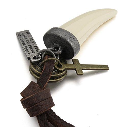 Men's Alloy Genuine Leather Pendant Necklace Silver Tone White Wolf Tooth Cross Adjustable 16~26 Inch Chain-Necklaces-INBLUE-Innovato Design